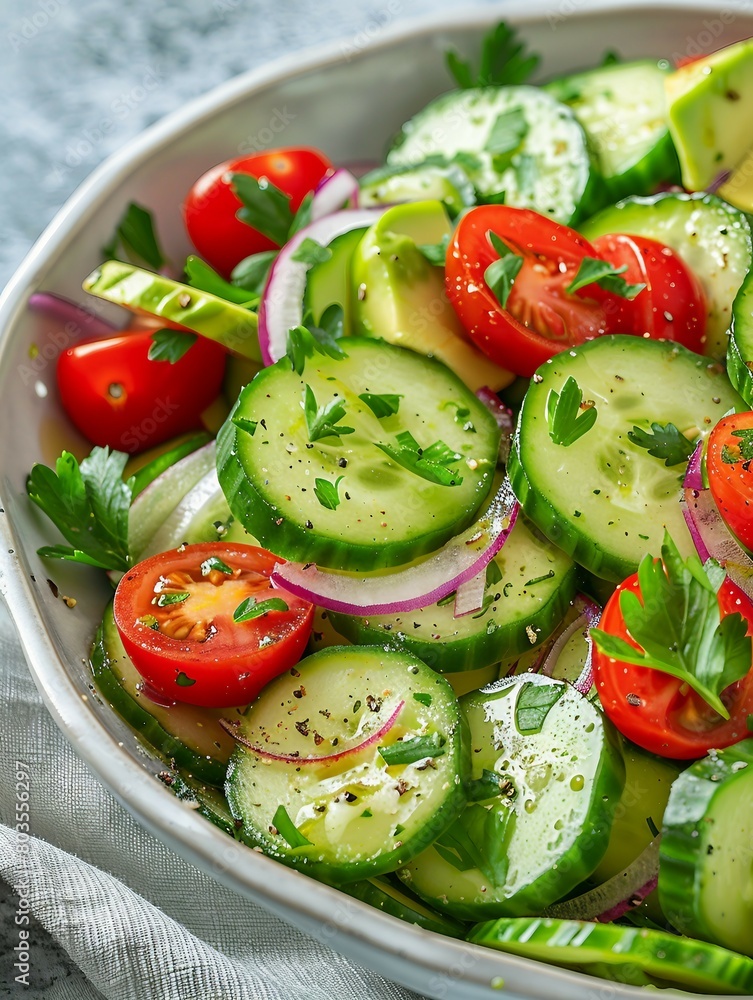 A vibrant image showcasing a bowl of fresh cucumber tomato salad, garnished with onions and herbs. A vibrant image showcasing a bowl of fresh cucumber tomato salad, garnished with onions and herbs.