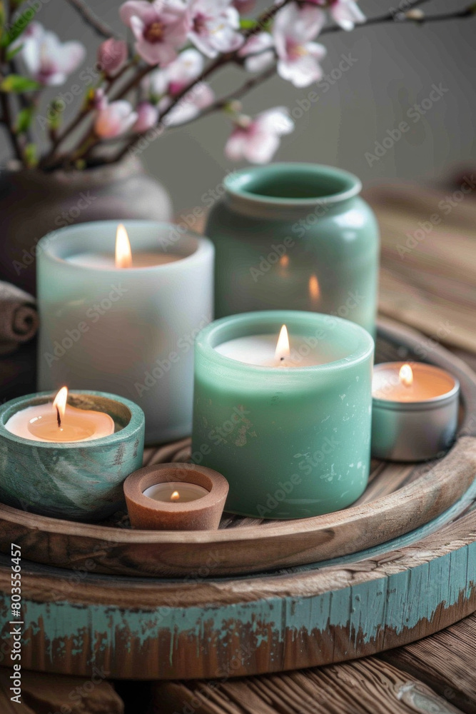 Aromatic candles arranged on a wooden tray Aromatic candles arranged on a wooden tray