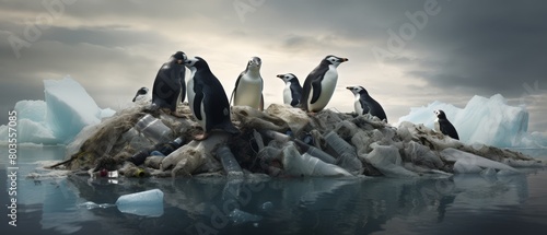 Group of penguins on an iceberg with floating plastic debris in the ocean around them, photo
