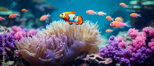 Colorful clownfish among anemones, focusing on symbiotic relationships in marine life, photo