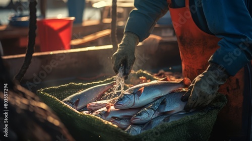 Fresh fish being sorted and prepared on a boat, hands-free image, photo