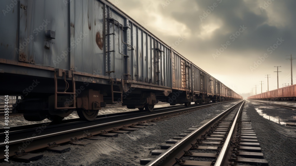 Quiet industrial rail siding, multiple empty cargo wagons, overcast sky, Quiet industrial rail siding, multiple empty cargo wagons, overcast sky,