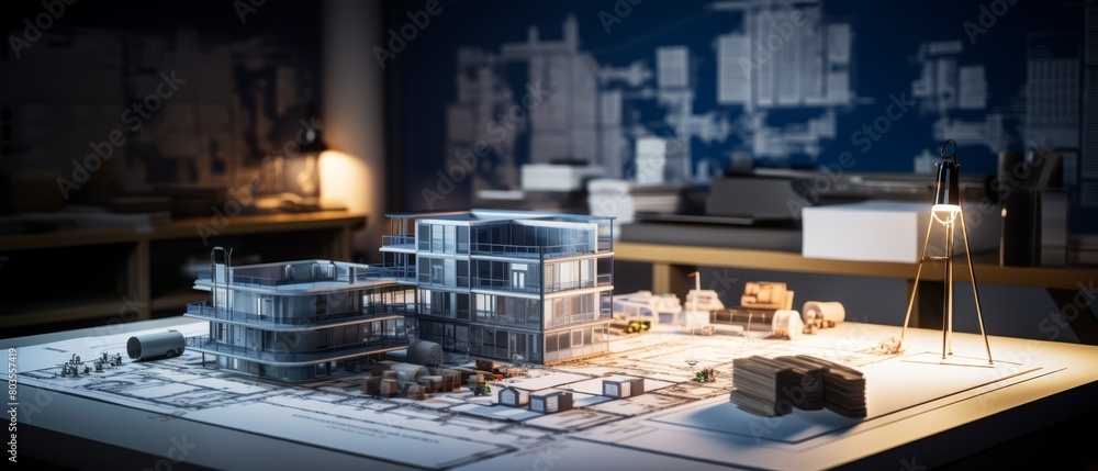 Neatly arranged architectural blueprints and 3D models on a desk, focus on design and planning,