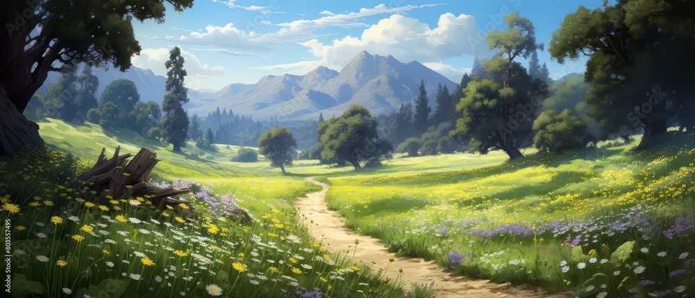 Obraz premium Quiet backcountry road with wildflowers and towering trees, soft light and no traffic,