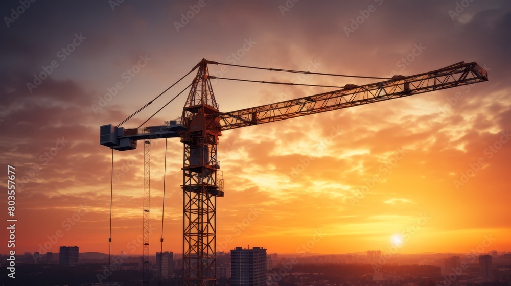 Dynamic image of a construction crane lifting materials at sunset, silhouette and sky gradient,