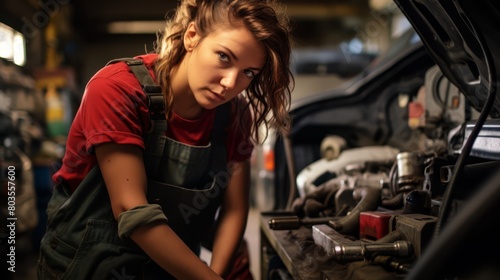 Female mechanic working under a car in an auto repair shop, tools in hand, challenging traditional gender roles,
