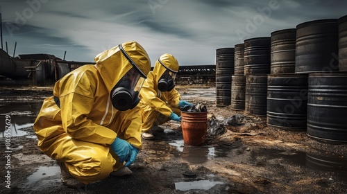 Factory waste audit team marking hazardous waste for proper disposal, wearing protective gear, photo