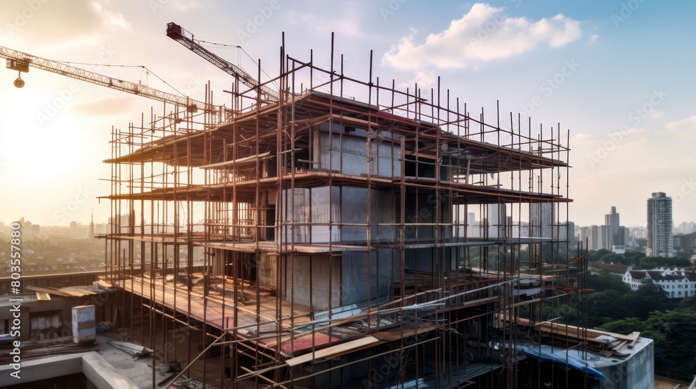 Partially constructed high-rise building with visible scaffolding, urban skyline in the background,