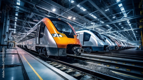 Photo of a high-speed train assembly line, showcasing modern transportation manufacturing and engineering, photo
