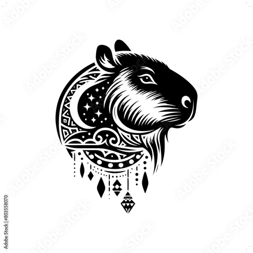 Capybara silhouette in bohemian, boho, nature illustration