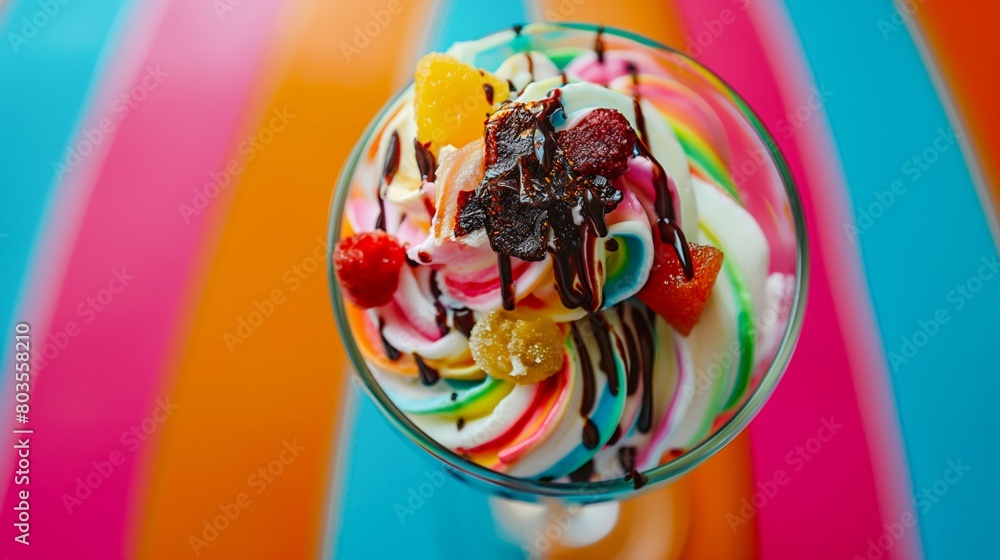 Dessert glass filled with colorful whipped cream and various fruits. Creative food design with a mix of textures and flavors, perfect for dessert menu concepts and food styling.