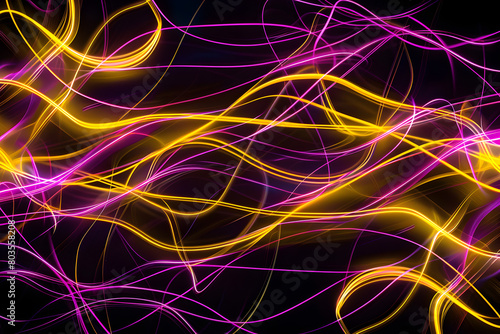 Energetic neon lines in yellow and purple. Mesmerizing black background pattern.