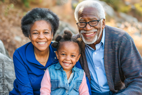 Three generations of African American family, grandparents with her granddaughter