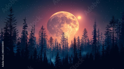 Beautiful fantasy tropical in night skies with tree, and shining moon in beach view, night sky with moonlight between forest  photo