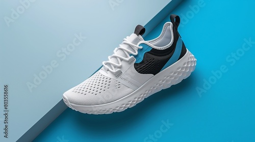 Sporty white sneaker with black and blue accents on a dual-tone background. Athletic footwear presentation for fitness fashion, sportswear, and active lifestyle.