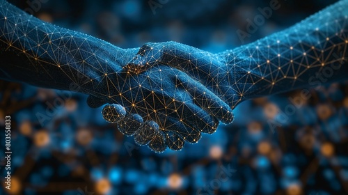 Digital wireframe handshaking image on blue background. Symbolic illustration of technology in corporate partnerships and network connections.