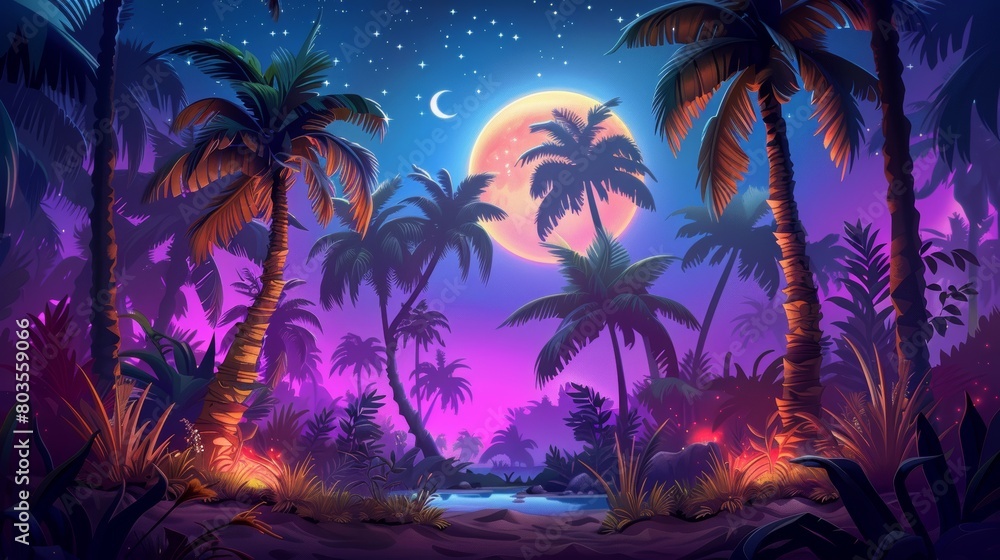 Beautiful fantasy tropical in night skies with tree in beach view with palm tree, and shining moon, night sky with moonlight between forest 