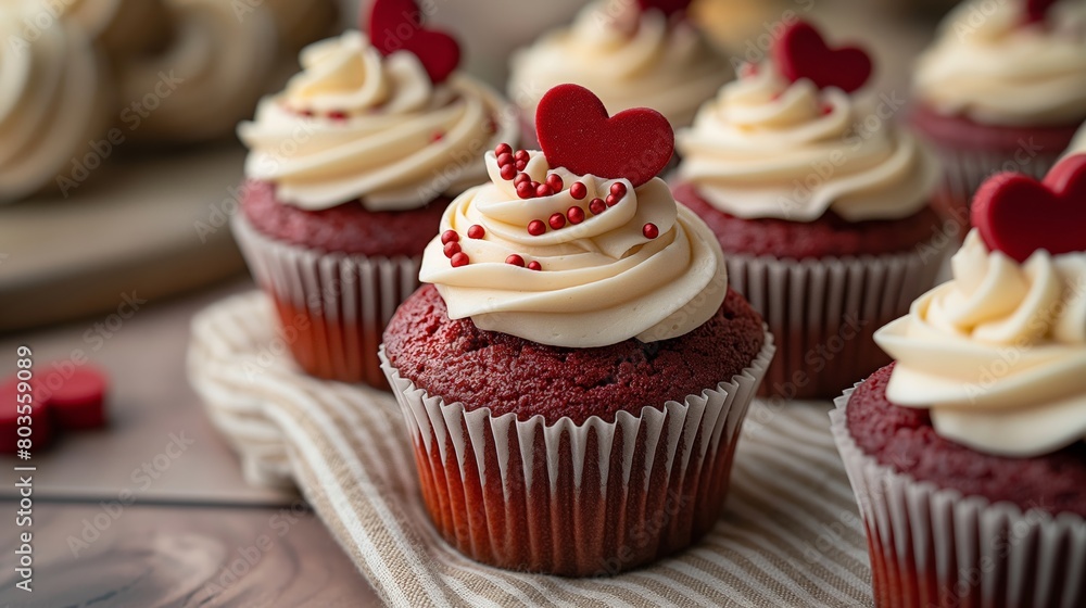 Red velvet cupcakes with cream cheese frosting and heart-shaped topper. Valentine's Day treat concept for design and print.