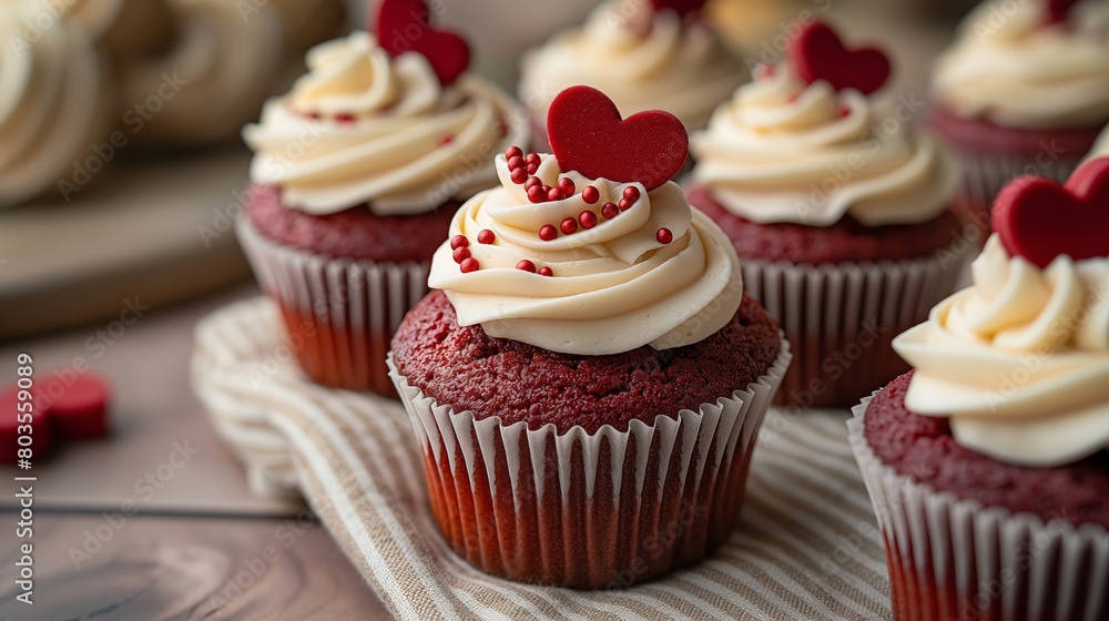 Red velvet cupcakes with cream cheese frosting and heart-shaped topper. Valentine's Day treat concept for design and print. Red velvet cupcakes with cream cheese frosting and heart-shaped topper. Valentine's Day treat concept for design and print.