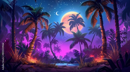 Beautiful fantasy tropical in night skies with tree in beach view with palm tree, and shining moon, night sky with moonlight between forest 