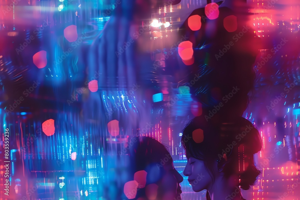 Capture the essence of love with a futuristic twist Showcase holographic embraces under neon skies Capture the essence of love with a futuristic twist Showcase holographic embraces under neon skies