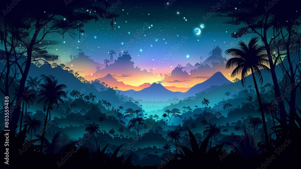 Naklejka premium Beautiful fantasy tropical in night skies with tree, and shining moon in beach view, night sky with moonlight between forest