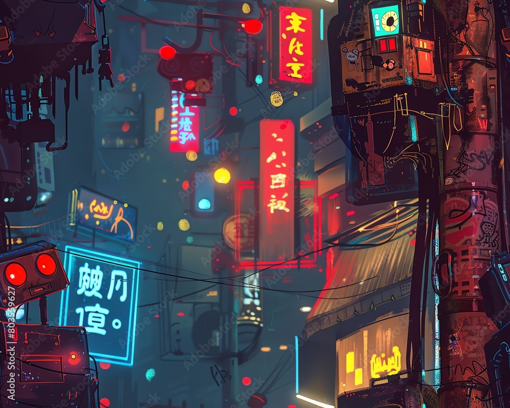 Craft a digital artwork featuring a robot street art piece in a twilight setting Experiment with high-angle shots Craft a digital artwork featuring a robot street art piece in a twilight setting Experiment with high-angle shots