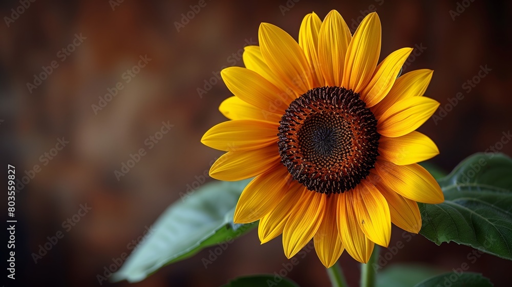 Fototapeta premium Single sunflower in full bloom with detailed petals and center on a blurred background, summer beauty concept with copy space.