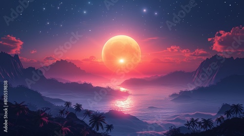 Beautiful fantasy tropical in night skies with tree in mountain view  and shining moon  night sky with moonlight between forest 