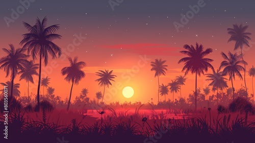 Beautiful fantasy tropical in night skies with tree  and shining moon in beach view  night sky with moonlight between forest 