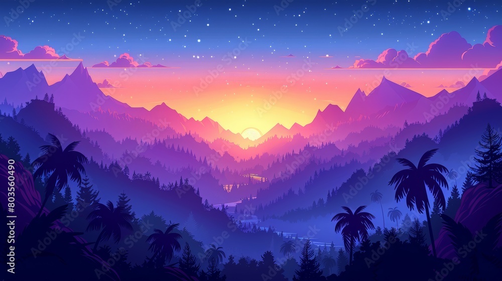 Beautiful fantasy tropical in night skies with tree in mountain view, and shining moon, night sky with moonlight between forest Beautiful fantasy tropical in night skies with tree in mountain view, and shining moon, night sky with moonlight between forest