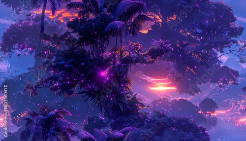 Embark on a Robotic Jungle Expedition capturing vibrant neon wildlife  under a twilight sky  highlighting intricate metallic textures with dynamic camera angles