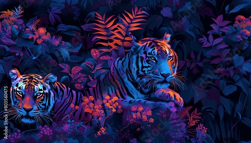 Embark on a Robotic Jungle Expedition capturing vibrant neon wildlife  under a twilight sky  highlighting intricate metallic textures with dynamic camera angles