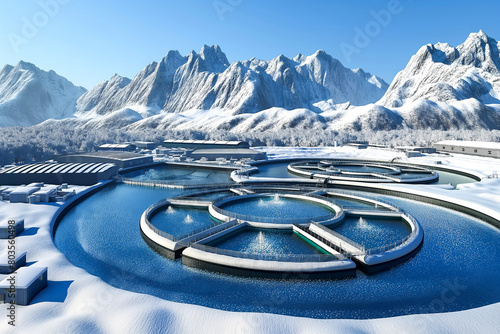 Top view of fish farms in Norway, fishing industry concept with mountains in background photo