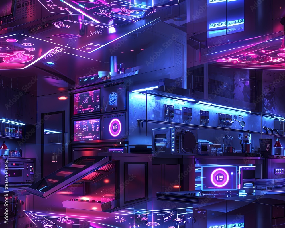 Illustrate a mesmerizing blend of digital 3D renderings and realistic oil painting techniques in a futuristic kitchen setting Illustrate a mesmerizing blend of digital 3D renderings and realistic oil painting techniques in a futuristic kitchen setting