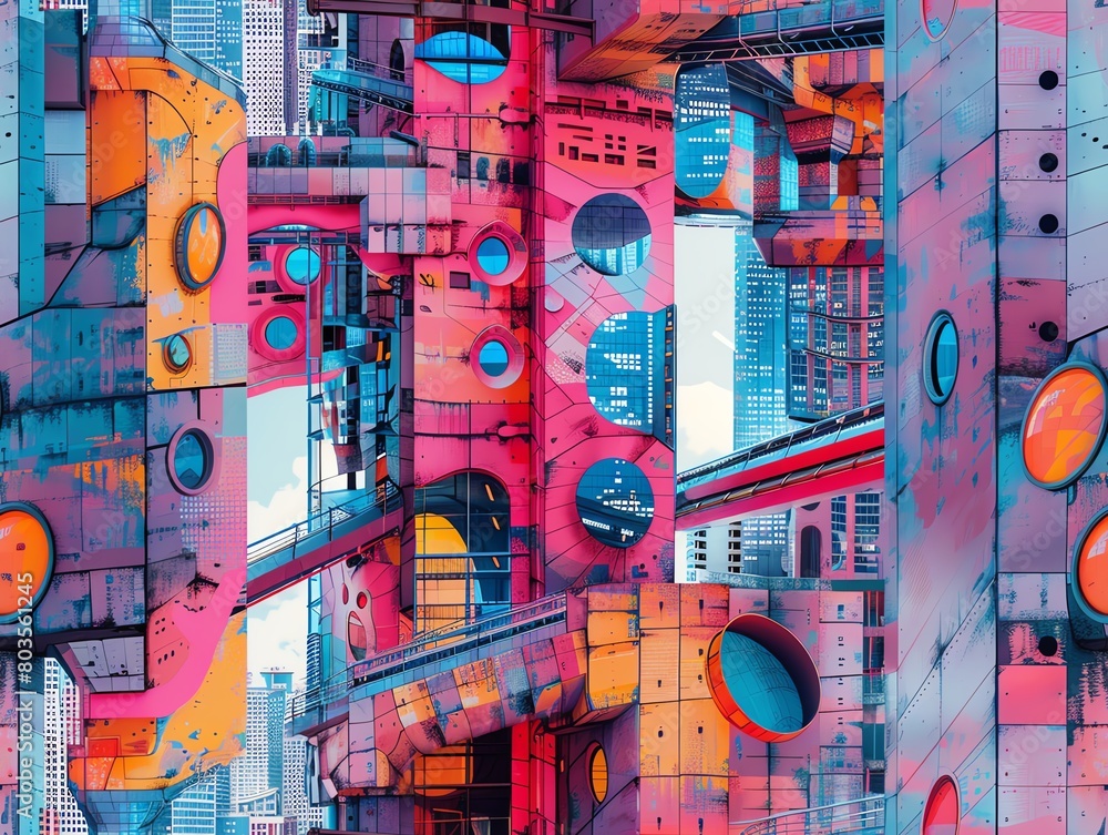 Fototapeta premium Illustrate a utopian cityscape where futuristic technologies meet the raw energy of street art