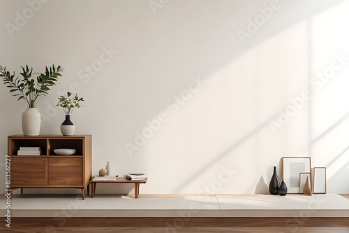  Wooden cabinet and accessories decor in living room interior on empty white wall background 