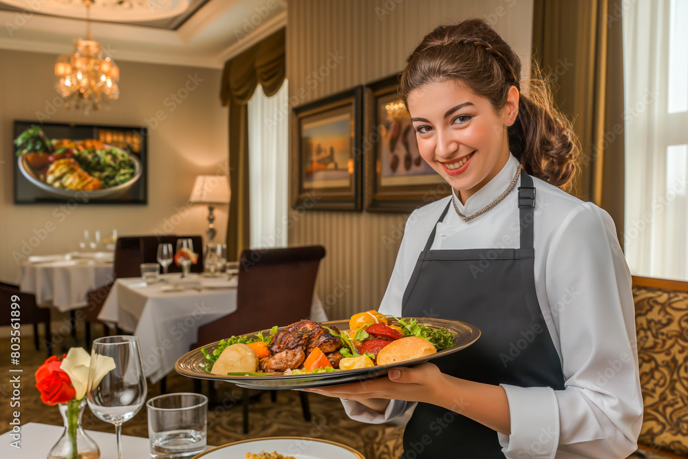 Waitress in uniform delivering tray with food in a room of hotel. Special service of VIP guests Waitress in uniform delivering tray with food in a room of hotel. Special service of VIP guests
