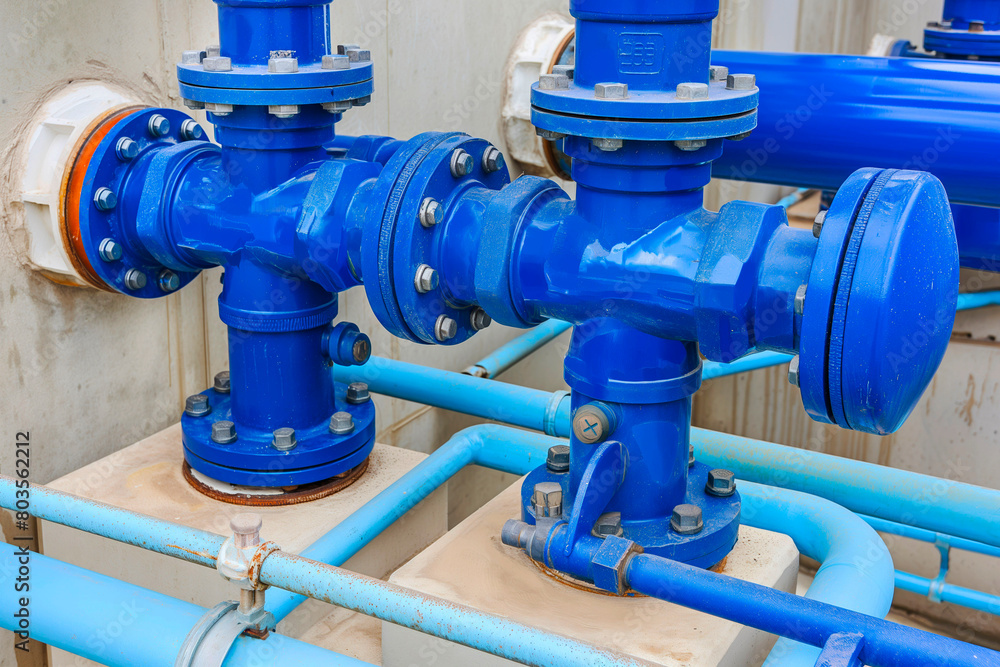 Colorful water pump valves in power substations to supply clean water in large industrial estates. Water pipes and fittings