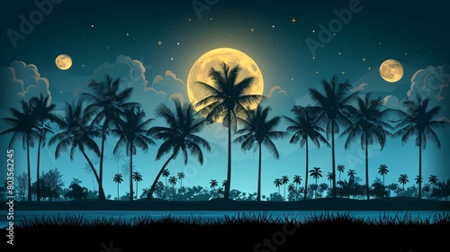 Beautiful fantasy tropical in night skies with tree in beach view with palm tree shiluette  and shining moon  night sky with moonlight between forest 