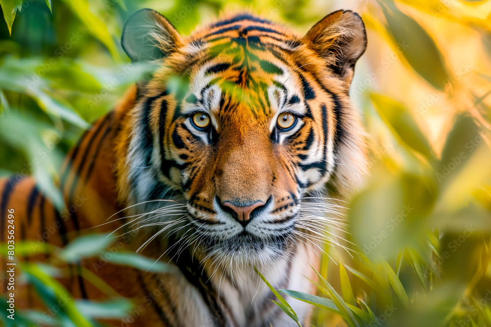 Obraz premium Close-up of a tiger's face peeking through lush green foliage, with a focused and intense gaze.