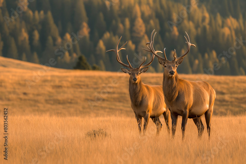 Two majestic stags standing in a golden field at sunrise, with a dense forest in the background. photo