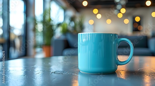 Blue coffee mug on a wooden table in a modern office interior with a blurred background