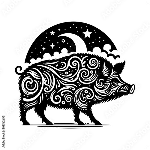 hog silhouette in bohemian, boho, nature illustration