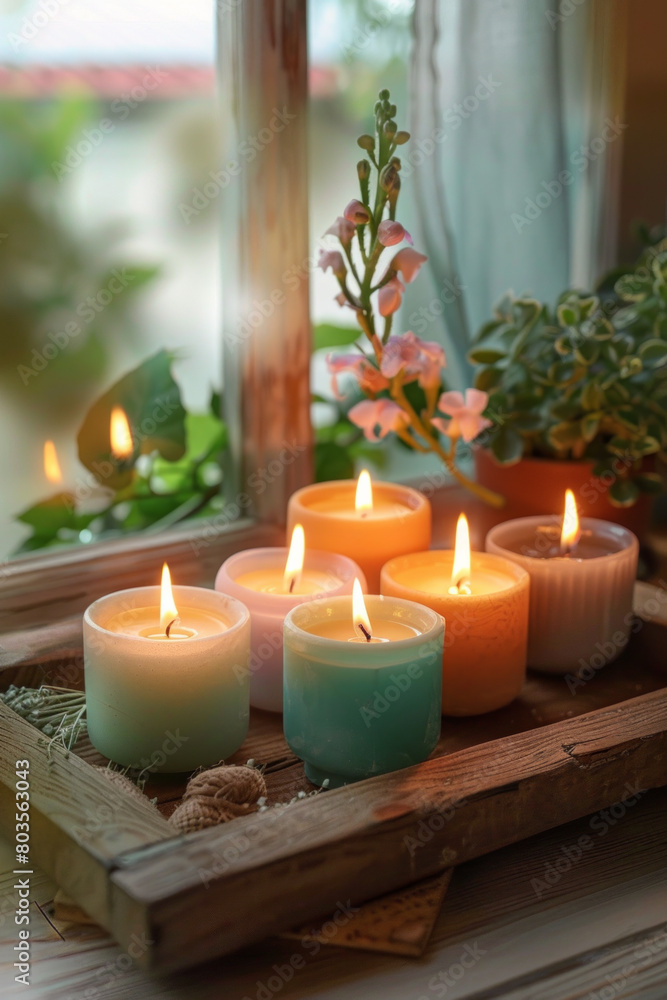 Aromatic candles arranged on a wooden tray Aromatic candles arranged on a wooden tray