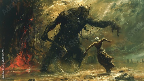 The Epic of Gilgamesh by Unknown: Inspired by Wojtek Siudmak and assisted by Sam Spratt, an oil painting capturing Gilgamesh and Enkidu standing victorious over the defeated Humbaba.  photo