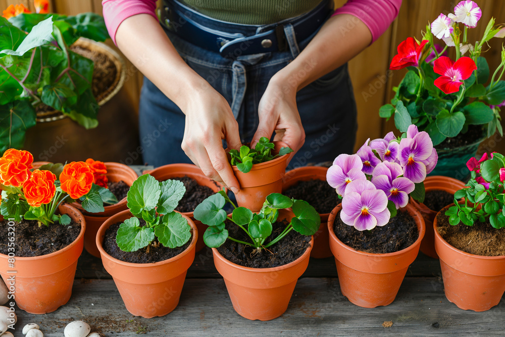 Woman repotting flower plants at home garden. Spring gardening Woman repotting flower plants at home garden. Spring gardening