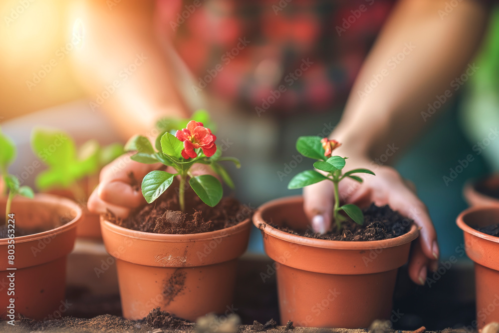 Woman repotting flower plants at home garden. Spring gardening Woman repotting flower plants at home garden. Spring gardening