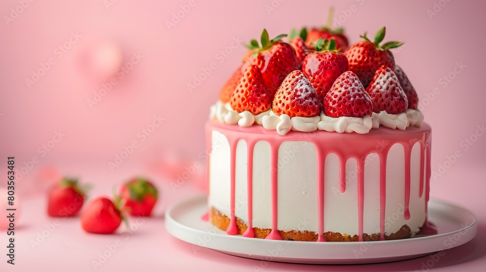 A cake with strawberries on top, placed against a pastel pink background. This scene exudes a sense of celebration or speciality food. A cake with strawberries on top, placed against a pastel pink background. This scene exudes a sense of celebration or speciality food.