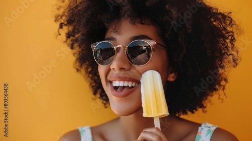 oung woman with sunglasses smiling and holding a white popsicle © Ammar